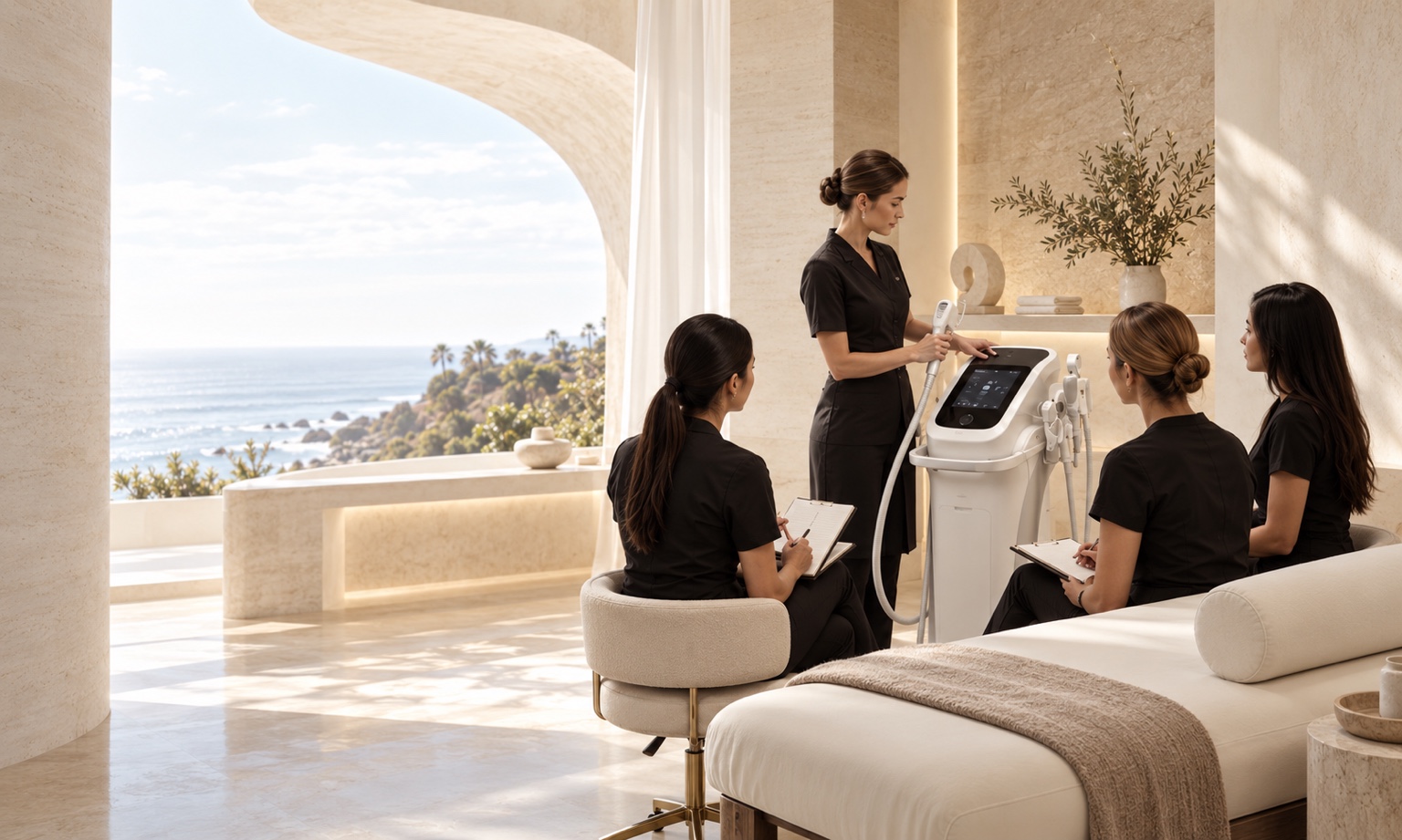 Training session in the Sculpt by Iz studio with students observing a body contouring device demonstration