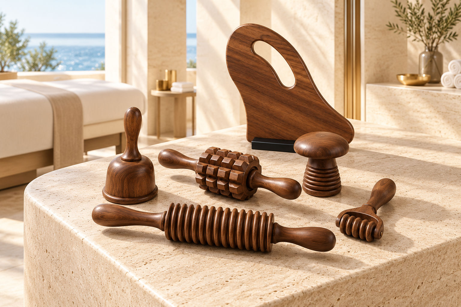 Set of wooden massage tools used for wood therapy arranged on a travertine table